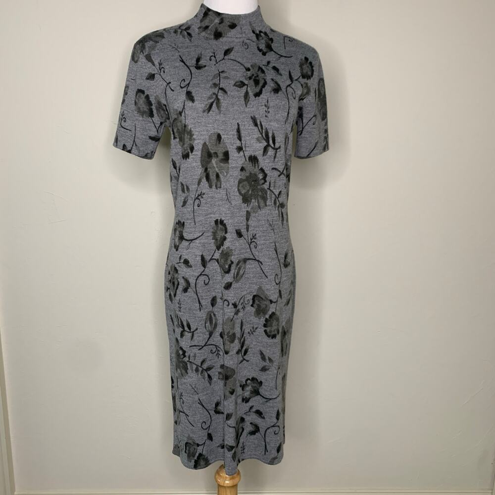 Gray Black Leaves Mock Neck Sweater Dress Sz Small